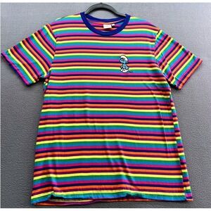 The Smurfs T-Shirt Mens L Rainbow Striped Grouchy Smurf Embroidered Multi